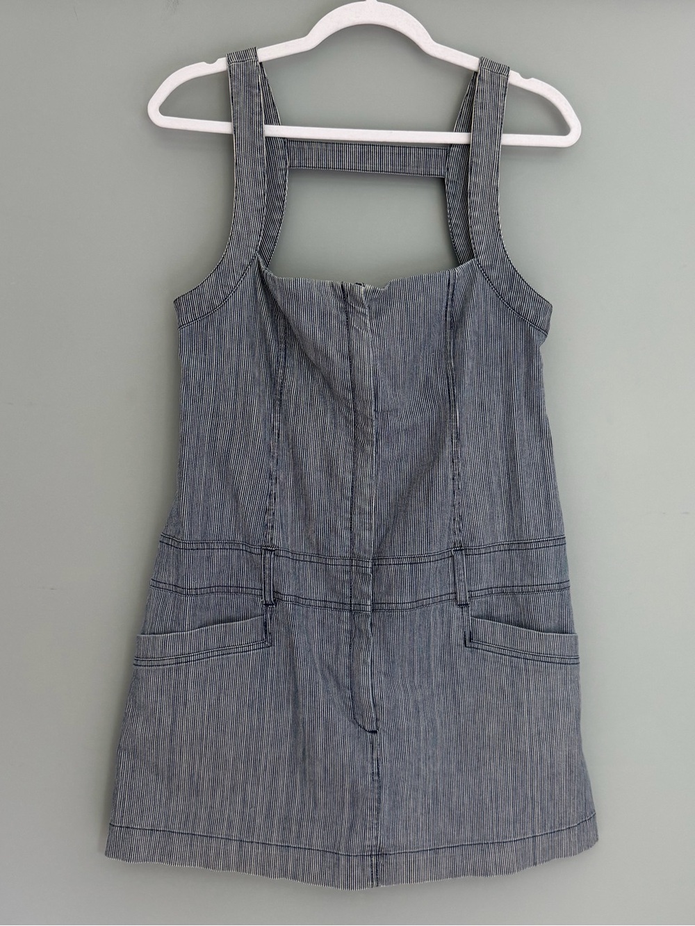 Theory "Catalina" Pinstripe Cotton Denim Cutout Zip Up Overall Style Mini Dress